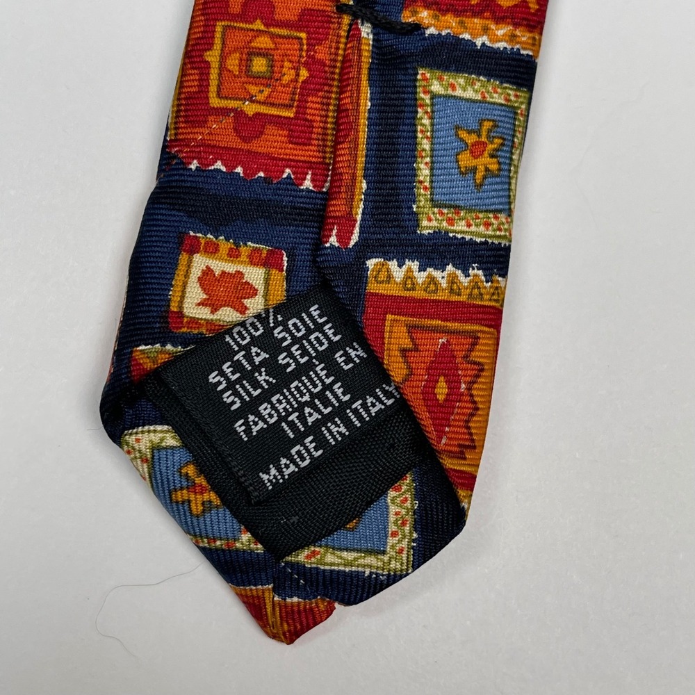 Gian Marco Venturi Silk Tie Necktie Mens Blue Orange Geometric Rug Pattern Italy - Picture 6 of 7